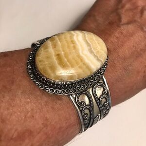 Yellow Lace Agate Stamped 925 Sterling Silver Cuff Bracelet